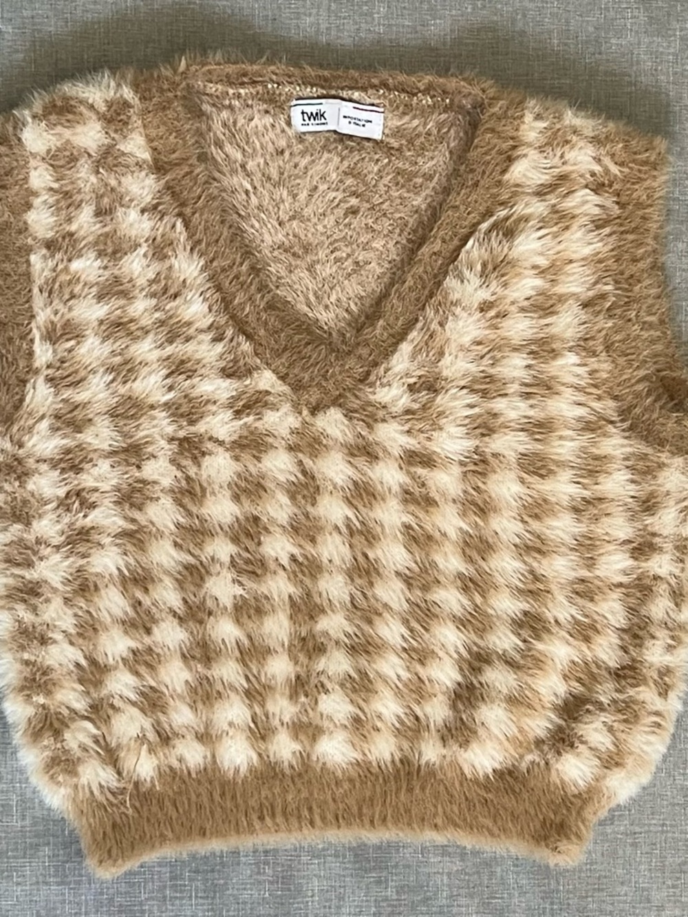 twik Cream and Brown Fuzzy V-Neck Sweater Vest